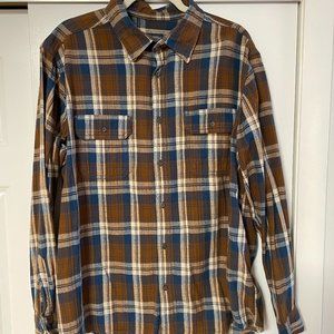 Faded Glory Button-Down Long-Sleeve Plaid Shirt: Brown, Blue, and White